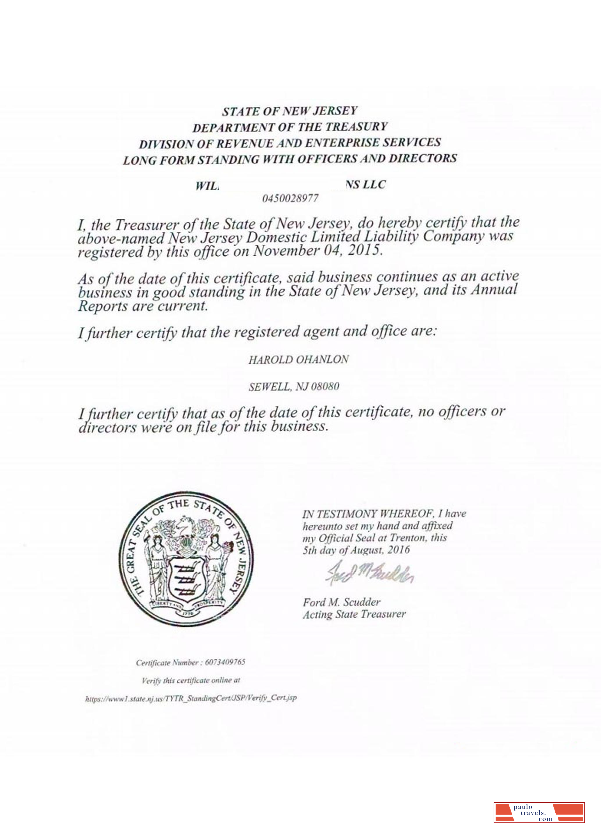 USA New Jersey certificate of good standing